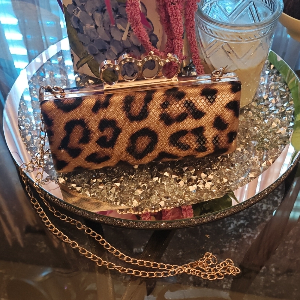 Leopard Print Clutch with Gold Chain